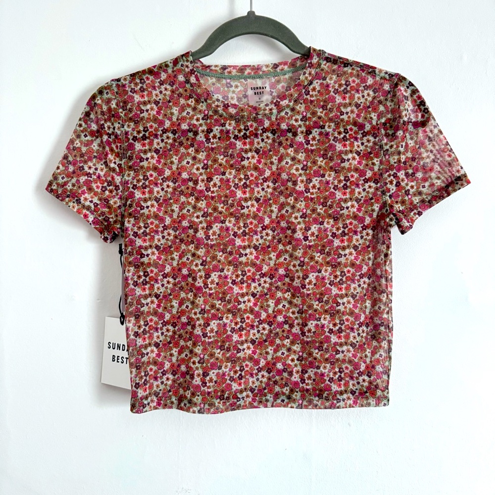 Sunday Best Floral Mesh Sheer Crop T-Shirt